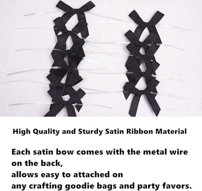 100 Pack 3" Black Satin Twist Tie Bows, Twist Bows for Treats, Ribbon Bows with Twist Ties Gift Wrap Bows, Pretied Bows Ties for Cake Pops, Baby Shower, Sweets Packaging, Party Favors Gifts