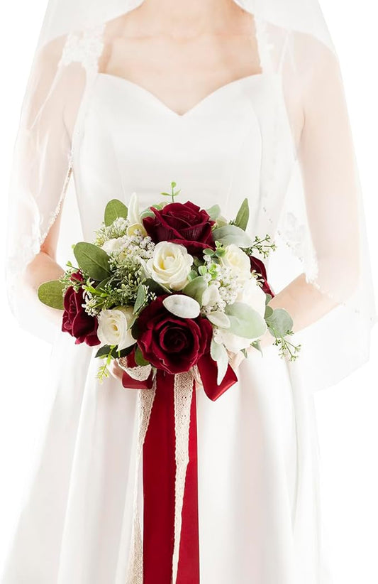 Burgundy & White Wedding Bouquets for Bride Bridesmaids, Bridal Bouquet for Wedding Silk Artificial Flowers