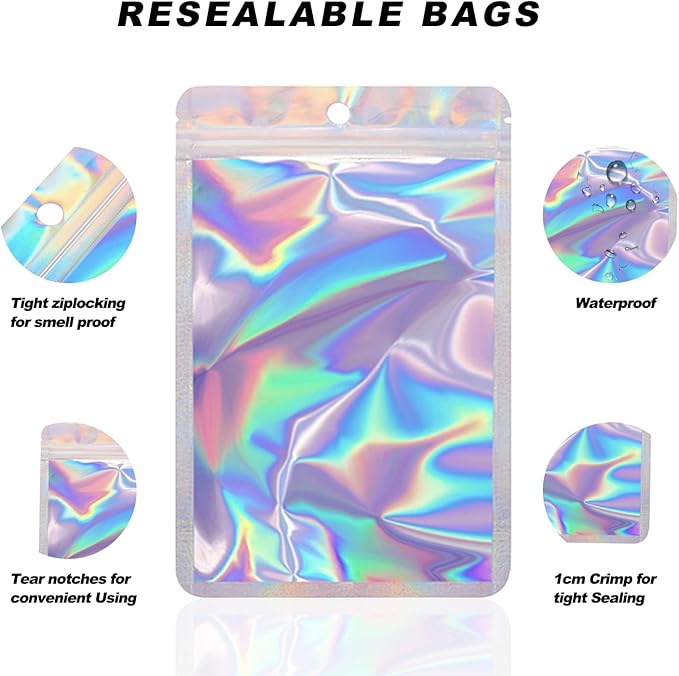 400 Pack 4 Size Bags with Clear Window,Scratch Resistant Hand Holographic Packaging Pouch,Resealable Bag for Small Bussiness Cookies Jewelry Candy Sample (Holographic, 2.4×3.9,3x4.7,4×7,5.5×7.9 inch)