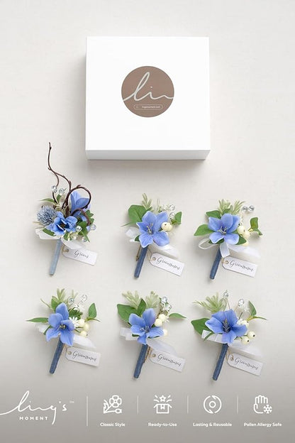 Ling's moment Boutonniere for Men, 6pcs Groom Groomsmen Boutonniere, Artificial Flowers for Wedding Decor/Prom/Homecoming, etc.Provence Blue Berry