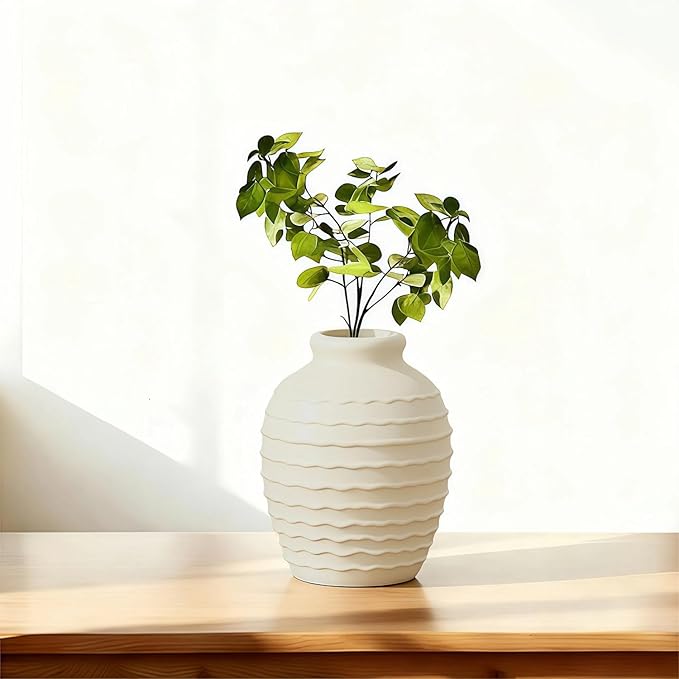 Ceramic Vase, 6.7 inch Ribbed Textured Minimalist Rustic Farmhouse Terracotta Vase for Home Decor, Table, Living Room, Entryway, Shelf, Mantel Decoration (Rice White)