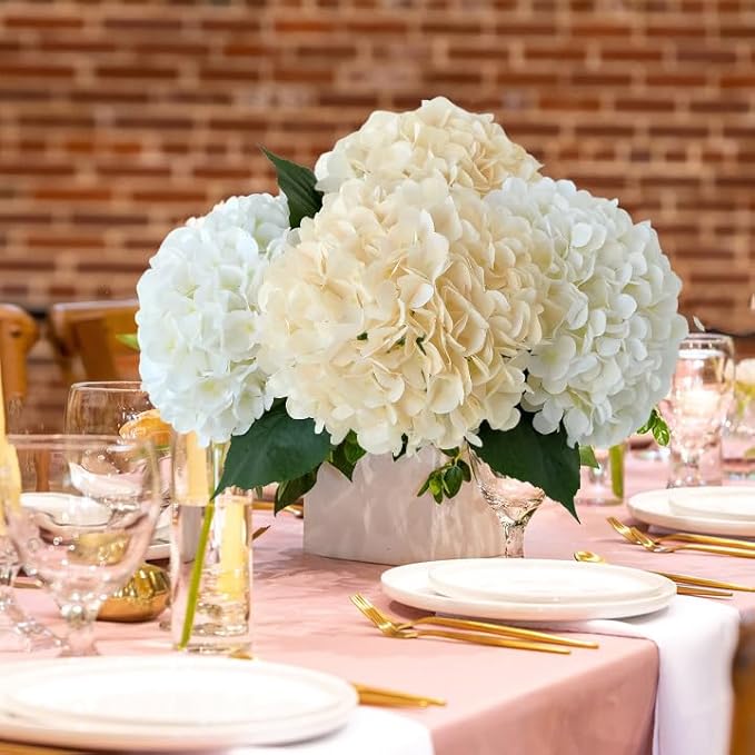 Boho Silk Hydrangea Artificial Flowers, 4Pcs 22" Large Lifelike Flowers,Artificial Hydrangeas for Indoor Bouquet Table Centerpieces Home（Cream/Yellow）