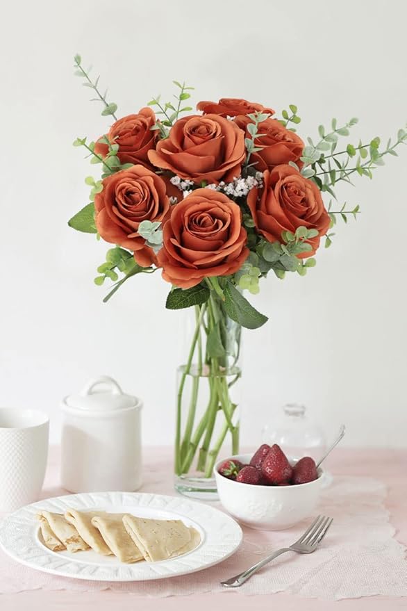 12pcs Roses Artificial Flowers Burnt Orange Fake Roses Flowers with Long Stems Silk Flowers for Wedding Bouquet Centerpices Decorations Party Bridal Baby Shower Home Decor