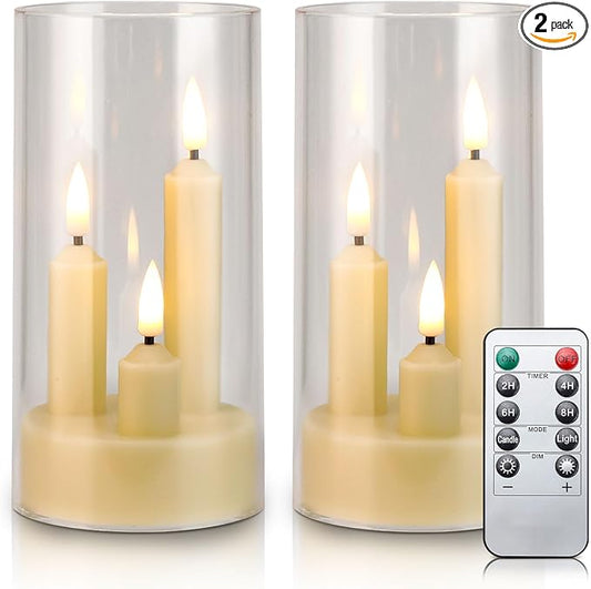 Enido 2 Pc Flameless LED 3-in-1 Taper Candles with Remote & Timer, Battery Operated Acrylic Pillar Set, 3" x 6" Flickering Electric Lights for Cozy Home & Holiday Romantic Decor (Clear)