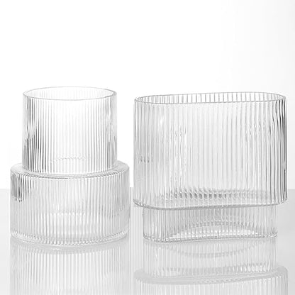 Ribbed Glass Vases, Set of 2 Fluted Vases for Flowers, Clear Vase for Tulips, Modern Glass Vase for Living Room, Dining Table, Office, Entryway, Mantle, Bookshelf, Wedding Gifts