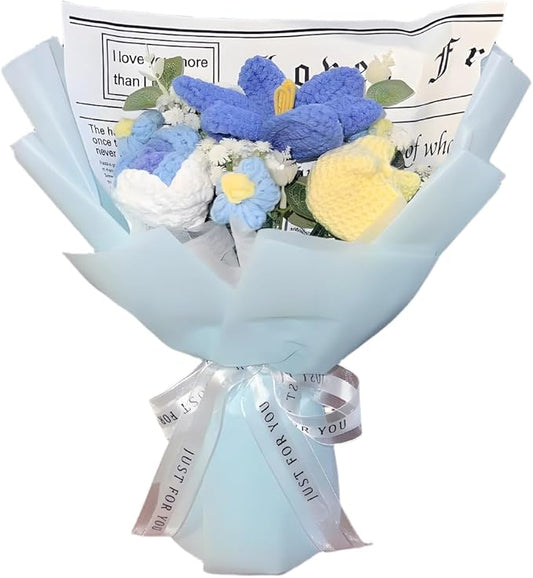 Crochet Flower Bouquet Blue Knitted Flowers Tulips and Blue Roses Daisies Handmade Crochet Flowers Knitted Bouquet Home Decor, Anniversary, Birthday Gift，Mother's Day Graduation Gifts(blue)