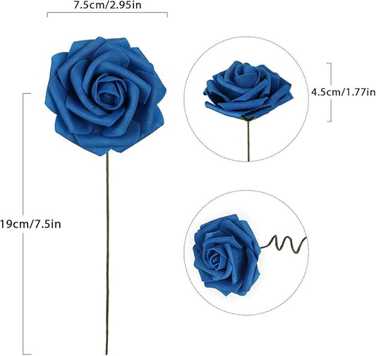 Royal Blue Roses 50PCS Artificial Blue Roses with Stems 2.95" Realistic Fake Blue Roses Foam Flowers for Baby Shower Centerpieces Kissing Ball Table Decor for Party (Royal Blue)
