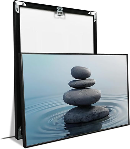 Zen wall art Harmonious grey stones stacked on a calm surface of water Serene Zen decor suitable for tranquil homes and spaces of meditation 16x24in Metal blackFramed