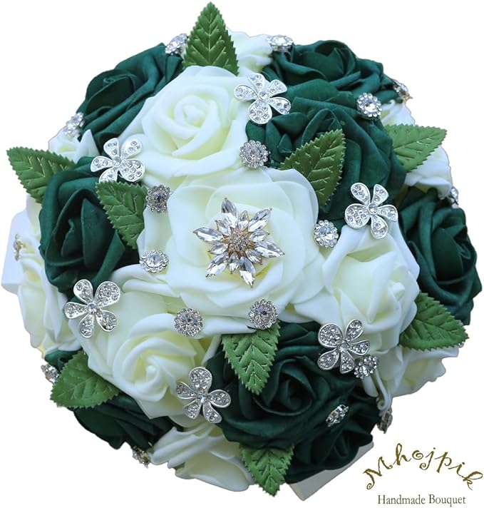 Lightweight Bridal Wedding Bouquet Round Holding Bouquet Throw Toss Artificial Rose Flower Bunch for Bride Bridesmaid Wedding Quinceanera (Cream & Dark Green, 7.9")