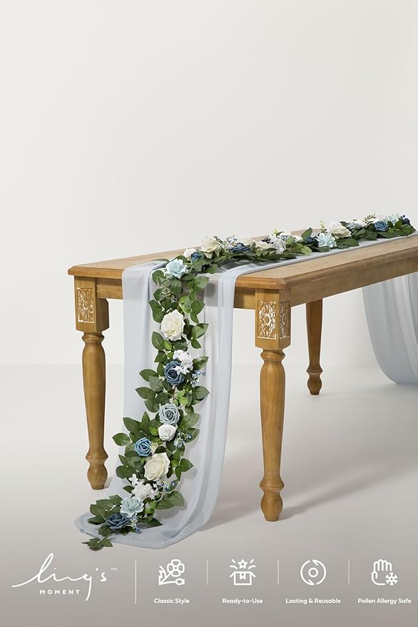 Ling's Moment 5FT Dusty Blue Artificial Flower Garland Rose Leaves Floral Garland Arch Flowers Vine Table Centerpieces Decoration