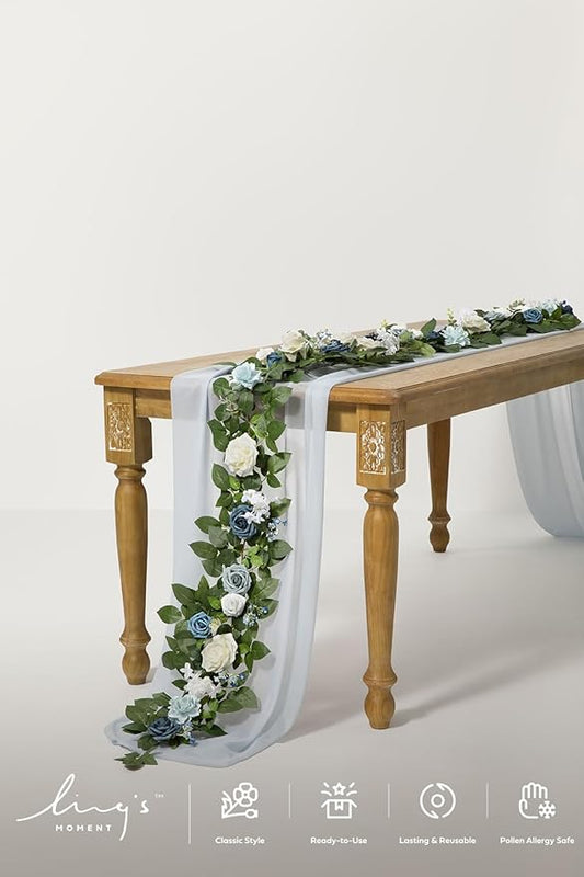 Ling's Moment 5FT Dusty Blue Artificial Flower Garland Rose Leaves Floral Garland Arch Flowers Vine Table Centerpieces Decoration