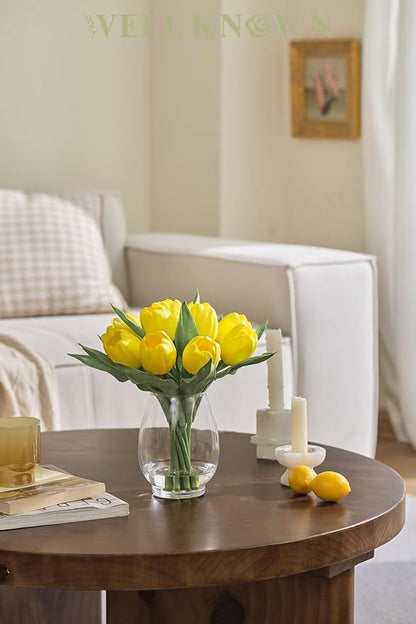 WELL KNOWN 12 Pcs Fake Big Tulips Artificial Flowers in Vase with Faux Water, Real Touch Foam Yellow Flower Arrangement with Glass Vase for Home Wedding Party Decor Dining Table Centerpiece & Gift