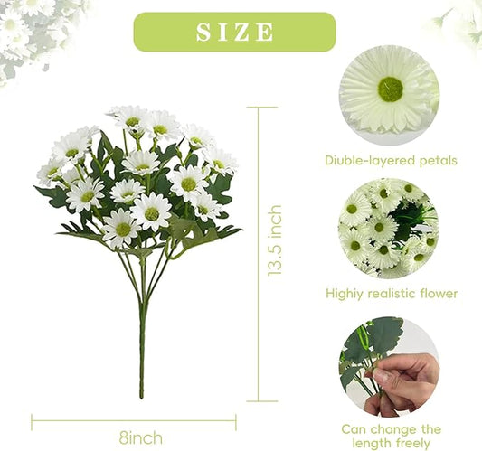 Artificial Daisy Flowers, 8 Bundles UV Resistant Fake Mums for Outdoors, White Silk Fall Flowers for Planters, Porch, Front Door, Garden, Yard, and Indoor Home Decor