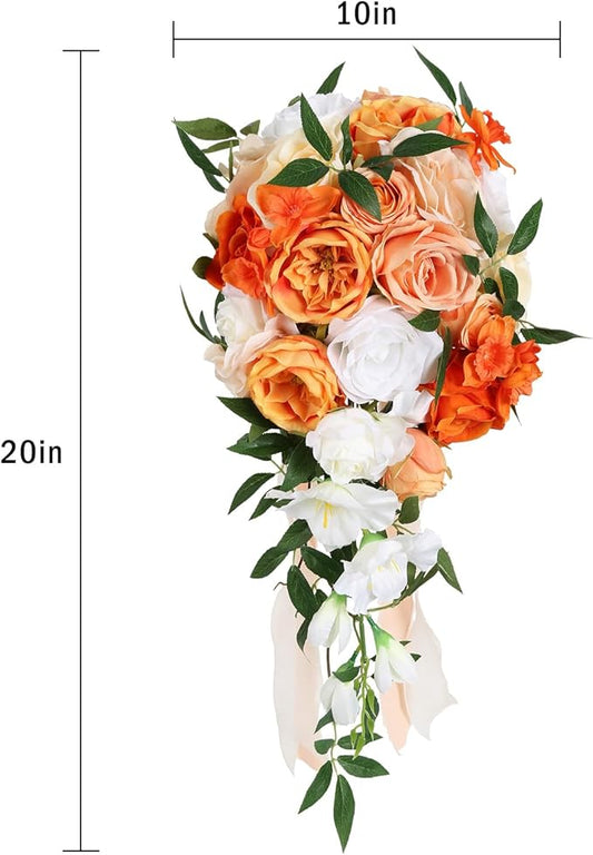 Wedding Bouquet,10 Inch Terracotta Bouquet Cascading Bridal Bouquets for Bride for Wedding Ceremony and Anniversary(Orange)