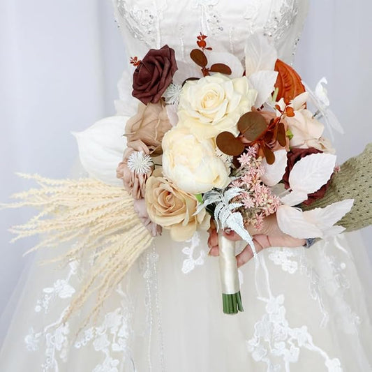 S_SSOY Wedding Bouquet Bride,Bride Bridal Bouquet Bridesmaid Artificial Flowers for Ceremony Anniversary Party Bridal Shower Decoration Wedding Bouquets (Caramel Champagne)