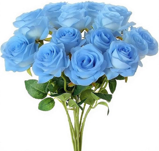 Blue Roses Artificial Flowers 15 PCS, Fake Roses Silk Flowers with Long Stems, Faux Rose for Wedding Centerpieces, Home Decor, Indoor Floral Arrangements, Party Decor, DIY Bouquet (Sky Blue)