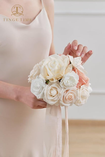 TINGE TIME Bridesmaid Bouquets for Wedding Set of 4 7 Inch Champange & Pink Wedding Bouquets Artificial Silk Flowers Bridal Bouquets for Bridesmaids, Wedding Decor, Anniversary, Party
