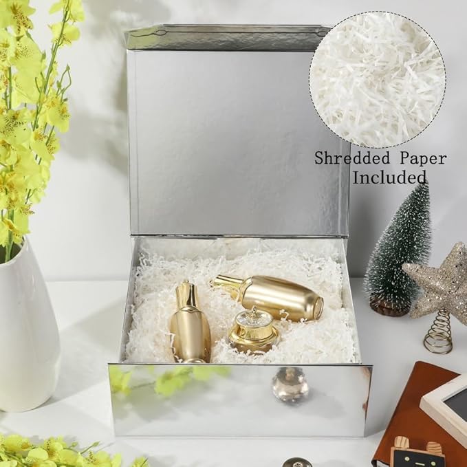 1 Pcs Silver Gift Box Large 13x11x5.3 Inch Silver Large Gift Boxwith Crinkle Paper Magnetic Box with Shredded Paper Luxury Gift Boxes with Lids for Presents