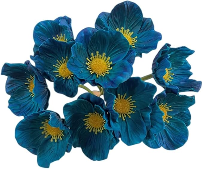 14Pcs Real Touch Anemone Poppy Bouquet for Artificial Flower Decor Kitchen Table Centerpiece Vase Home Greenery Wedding Holding Flowers Backdrop Arch Wall (Blue)