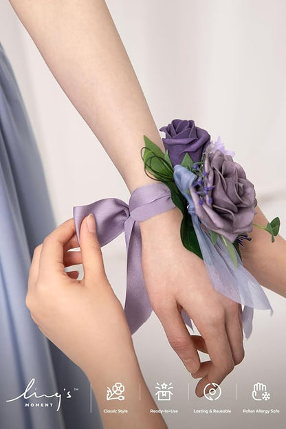 Ling's moment 6pcs Homecoming Wedding Wrist Corsage Artificial Flowers, Girl/Mother Prom Corsages Wristlet Décor, etc. Purple