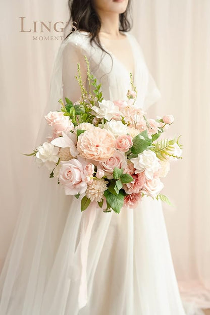 Ling's moment Blush Pink Wedding Bouquets for Bride, Blush and Cream Bridal Bouquets for Bride, 15 Inch Free Form Artificial Wedding Flower Bouquet