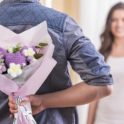 Chordobe Crochet Flower Tulip Bouquet: Handmade Artificial Flower Knitted Sunflower Bouquet for Festival Wedding Graduation Anniversary (Purple)