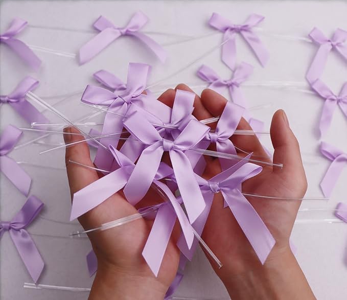 50 Pieces 3 inch Satin Ribbon Twist Tie Bows, Pretied Bows with Twist Ties, Twist Bows Treats Bags, Bow Ties for Treats, Cake Pops, Baby Shower, Crafts, Gift Wrapping Favors (Light Purple)
