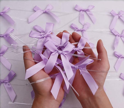 50 Pieces 3 inch Satin Ribbon Twist Tie Bows, Pretied Bows with Twist Ties, Twist Bows Treats Bags, Bow Ties for Treats, Cake Pops, Baby Shower, Crafts, Gift Wrapping Favors (Light Purple)