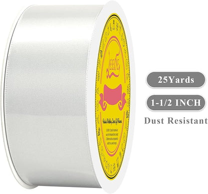 Double Face Off White Satin Ribbon 1-1/2 inch X 25 Yards Polyester Off White Ribbon for Gift Wrapping Very Suitable for Weddings Party Hair Bow Invitation Decorations and More