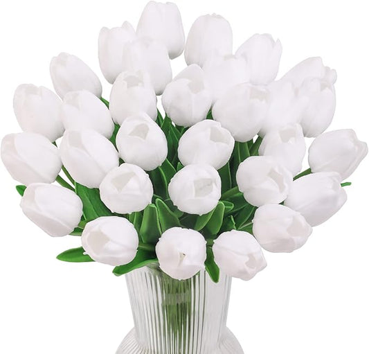 30 Pcs Fake Latex Tulips Artificial Flowers Faux Tulip Stems Real Touch Tulips for Wedding Party Home Easter Decoration (White)