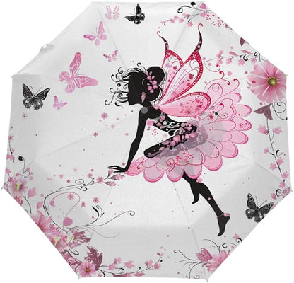 Windproof Travel Umbrella Pink Flower Butterfly Girls Compact Auto Open/Close Folding Umbrellas for Rain