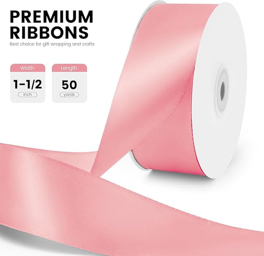 1-1/2" x 50 Yards Satin Ribbon - Pink Silk Ribbon with Spool - Ideal for Gift Wrapping, Floral Bouquets, Crafts, Wedding Party Decorations, Christmas and Sewing Projects
