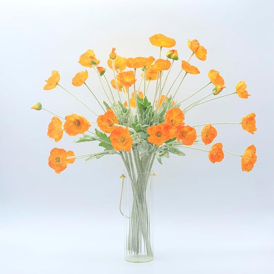 2 Pcs Artificial Fake Flowers Poppies Silk Flower Arrangements Wedding Bouquets Decorations Plastic Floral Table Centerpieces for Home Kitchen Garden Party Decor Approx 23.6" High - Light Orange