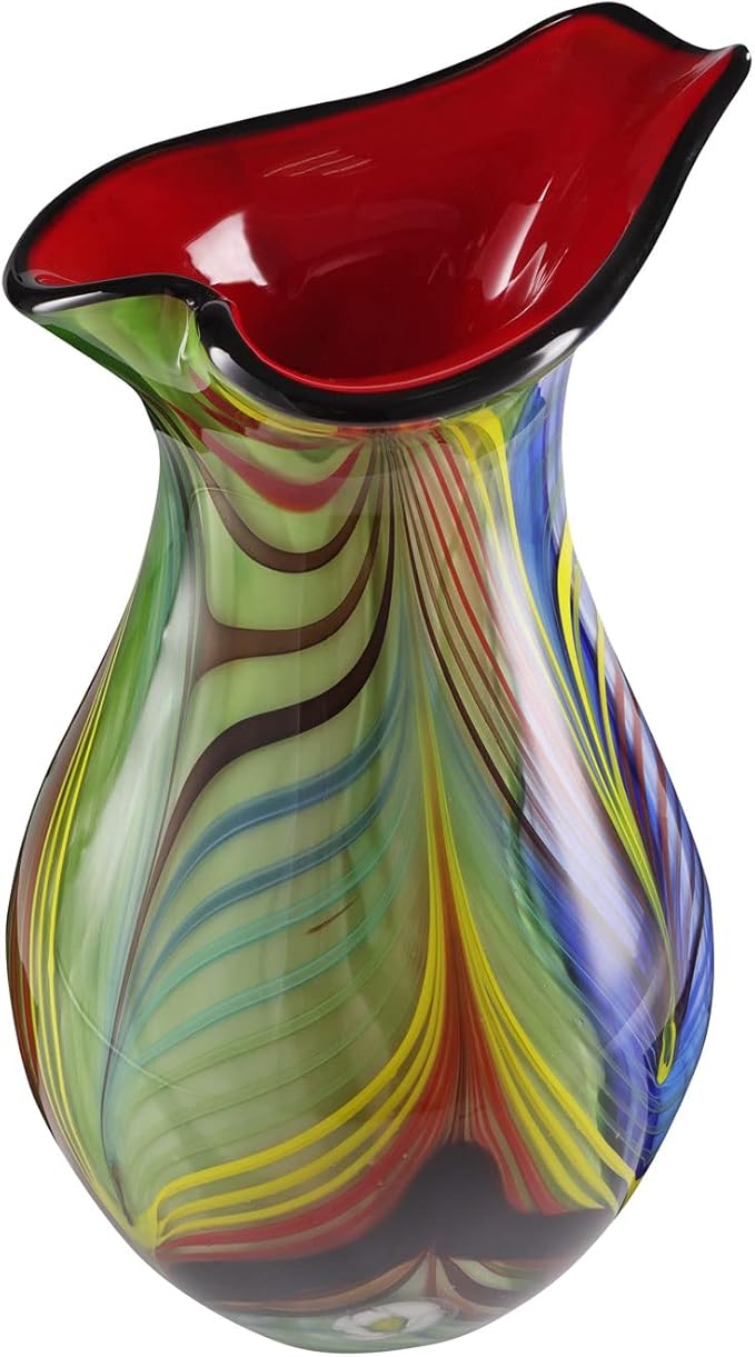 Luxury Lane Hand Blown Abstract Teardrop Art Glass Vase for Decor Centerpiece Table Decoration 9.5 inch Tall Multicolor