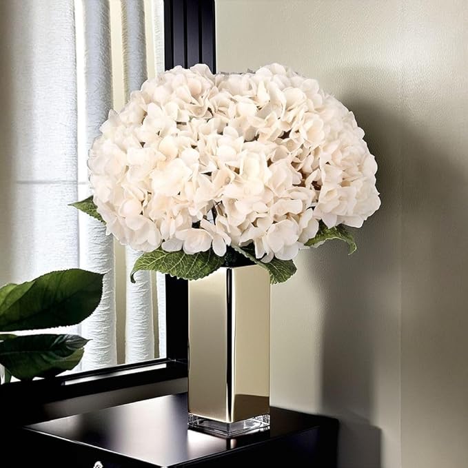 2Bouquets Artificial Fake Flowers Plants Silk Hydrangea Arrangements Wedding Bouquets Decorations Plastic Floral Home Kitchen Garden Party Festival Bar DIY (Ivory White, 5 Flower Heads)