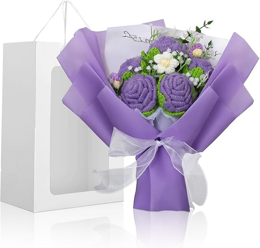 Crochet Flowers Bouquet, Handmade Knitted Rose Bouquet with Gift Bag for Home Deocor, Crocheted Finished Flower for Wedding, Mother's Day, Teachers' Day and Valentine's Day, Purple