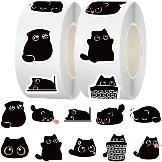 1000 Pcs Black Cats Decor Stickers Bulk 2 Roll 1 Inch,Cute Animal Sticker Pack Book Water Bottles Laptop,Cartoon Cat Meme Stickers for Boys Girls