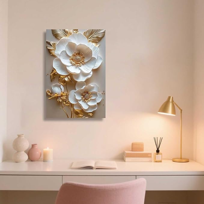 ZSHARTSWD Abstract White & Gold Floral Canvas Wall Art Elegant Flowers Pictures Prints White Flower Golden Leaves Painting Living Room Bathroom Decor Framed (Gold, 24L x 16W)