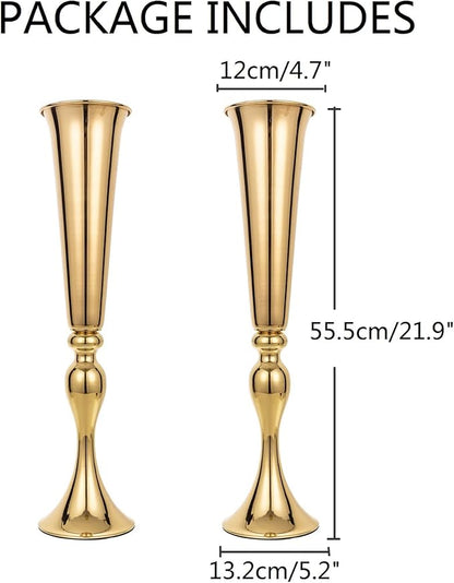 Set of 2 Metal Trumpet Vases for Table Centerpieces, Anniversary Celebration Wedding Party Dinner Table Centerpieces, Wedding Decorations, 21.9"/55.5cm Gold Vases