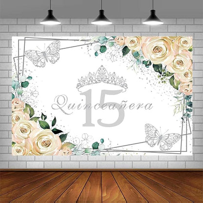 Sendy 7x5ft Quinceañera Backdrop Mis Quince 15 Anos Birthday Party Decorations Supplies for Girl Princess White Floral Silver Crown Butterfly Photography Background Banner Photo Booth Studio Props