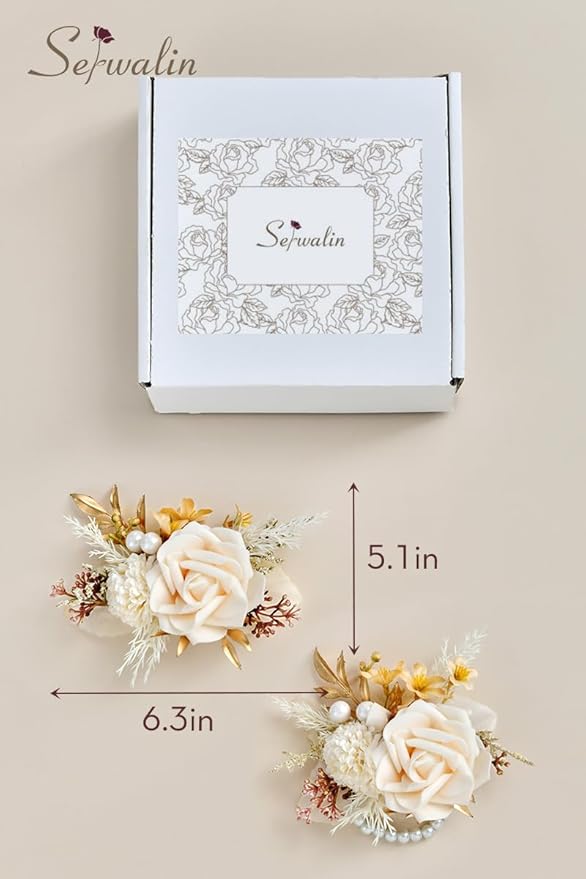 Serwalin Champagne Corsage and Boutonniere Set 𝟮𝙥𝙘𝙨, 𝟲-𝟳 𝙄𝙣𝙘𝙝 Boutonniere and Wrist Corsage Wristband Prom Flower Wedding Flowers Accessories Prom Suit Decorations Cake Topper