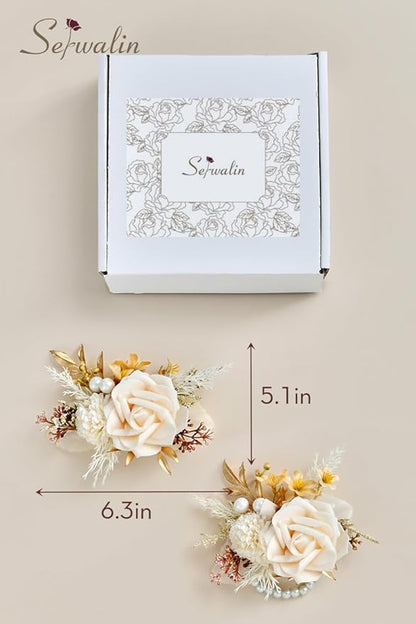 Serwalin Champagne Corsage and Boutonniere Set 𝟮𝙥𝙘𝙨, 𝟲-𝟳 𝙄𝙣𝙘𝙝 Boutonniere and Wrist Corsage Wristband Prom Flower Wedding Flowers Accessories Prom Suit Decorations Cake Topper