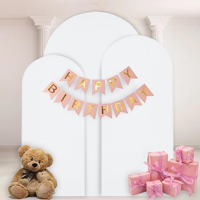 WEERRW Wedding Arch Cover White Spandex Fitted Set of 3 Balloon Arch Stand Covers Round Top Chiara Stretchy Backdrop for Birthday Party Baby Shower Banquet Decoration (6FT, 6.6FT, 7.2FT)