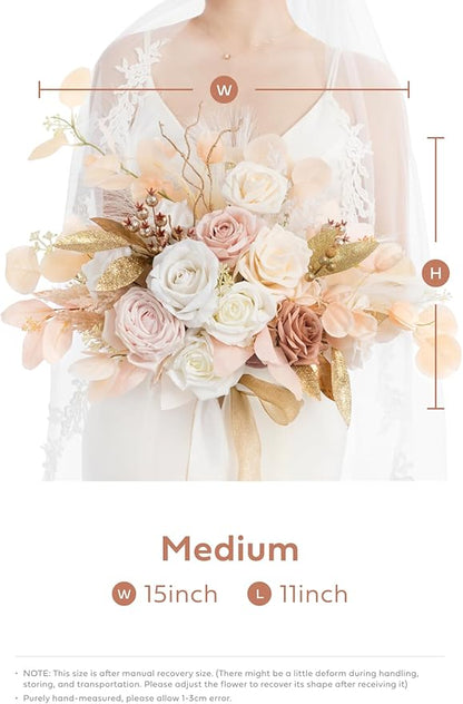 Ling's moment Boho Wedding Bouquets for Bride, White Beige and Gold Bridal Bouquets for Bride, 15 Inch Free Form Artificial Wedding Flower Bouquet
