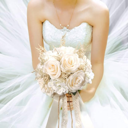 Artificial Plant, 1 Champagne White Rose Bridal Bouquet, 8.6 x 10.2 x 8.6 inches, Wedding Bouquets for Bride, Bridesmaid Bouquets with Silk Ribbon, Decoration