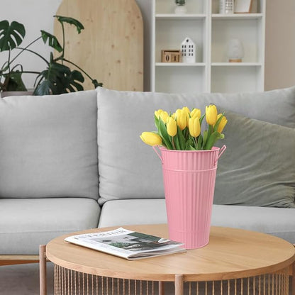 4 PCS 12 Inch Pink Galvanized Flower Buckets, Metal Flower Vase, Rustic Tall Flower Bucket with Handles for Wedding, Home Décor