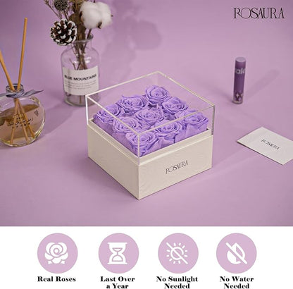 Rosaura Square Preserved Roses Gift Box - Real Forever Flowers in Clear Acrylic Lid, Valentine's for Women (Light Purple, 9 Roses)