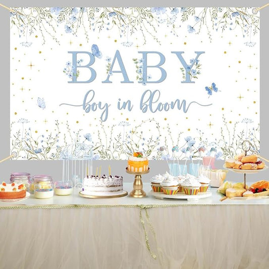 8x6ft Baby Boy in Bloom Backdrop for Boys Wildflower Baby in Bloom Baby Shower Decorations Banner Blue Floral Baby Shower Photography Background Cake Table Decor Supplies Photo Booth Prop