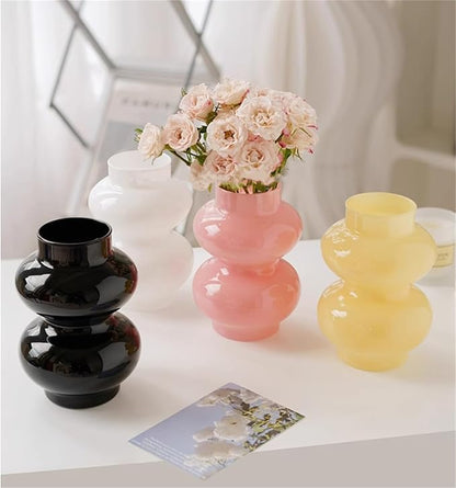 JSPYFITS Glass Hydroponic Flower Vase, Double Balls Colored Glass Bubble Vase for Flower, 7 Inches Glassvase Funky Vase for Home/Office/Weddings/Party Table Flower Décor (Milky Yellow)