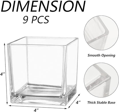 Square Glass Vases Set of 9, 4"x 4"x 4" Flower Vases for Centerpieces, Clear Glass Vase for Flowers, Small Vase for Wedding, Party, Home Office Decoration